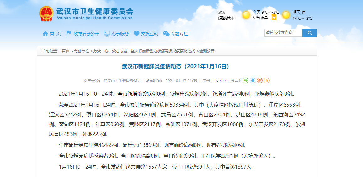 武汉市新冠肺炎疫情动态2021年1月16日