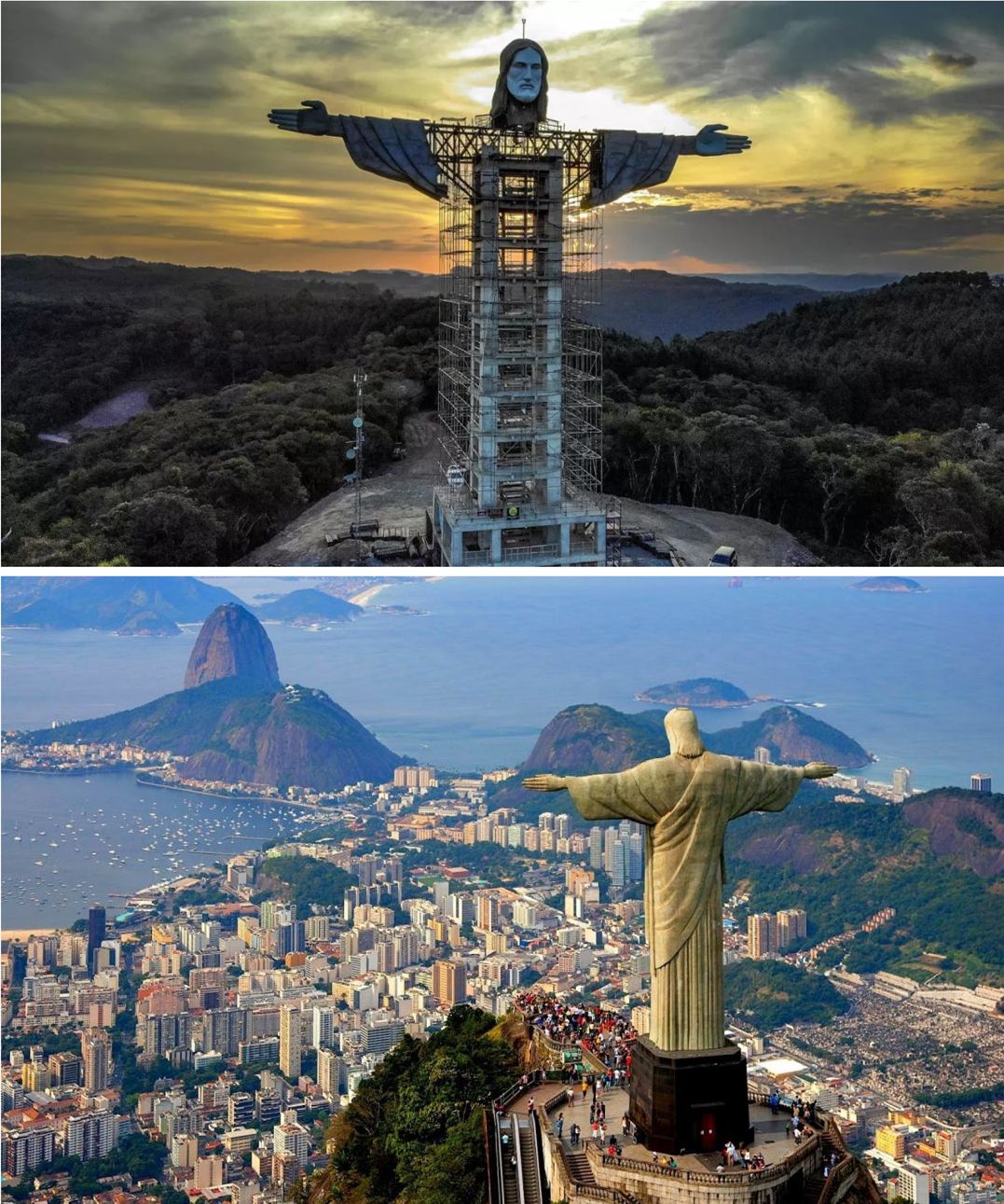 上图为新建基督像,下图为里约热内卢基督像巴西南部城市恩坎塔多